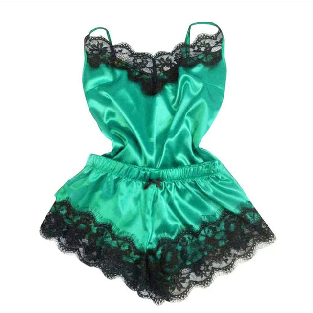 Damespyjama • Modieuze V-hals • Satijn stretch nachthemd met kant • Sexy lingerie • Pyjama met strik • Korte nachtset • Nachtkleding • Nieuw