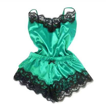 Damespyjama • Modieuze V-hals • Satijn stretch nachthemd met kant • Sexy lingerie • Pyjama met strik • Korte nachtset • Nachtkleding • Nieuw